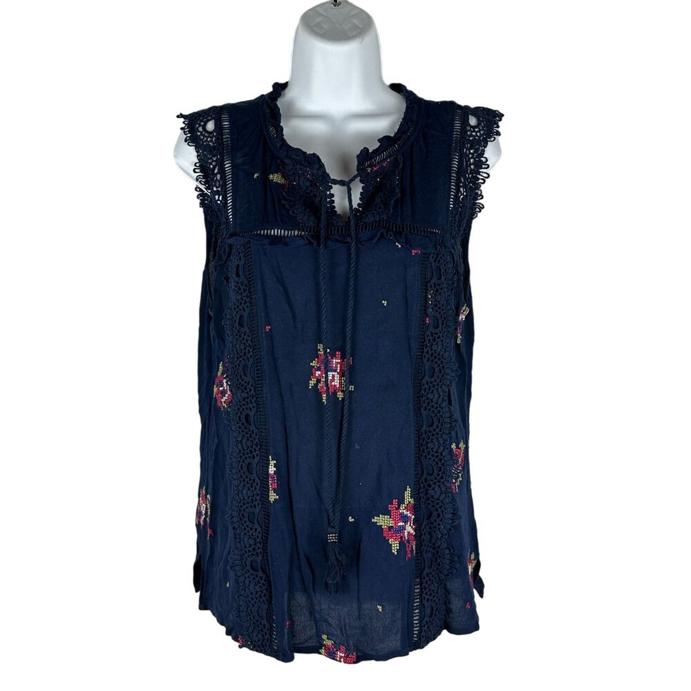 Pale Sky Womens Navy Blue Embroidered Lace Sleeveless Top Size M